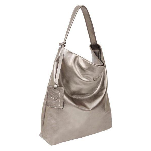 Bolsa Hobo Eclipse de couro macio metalizado (prateado/Gunmetal), compacta, com alça de ombro integrada.