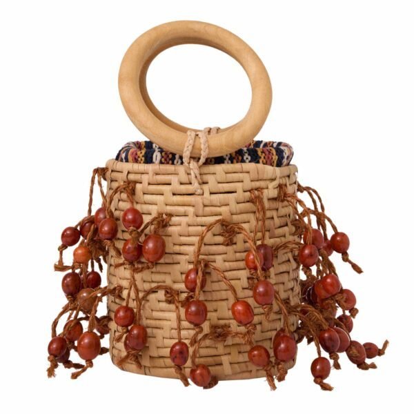 Bucket Bag Maraú de luxo, palha de Carnaúba tecida artesanalmente, com alças de sementes Jarina.